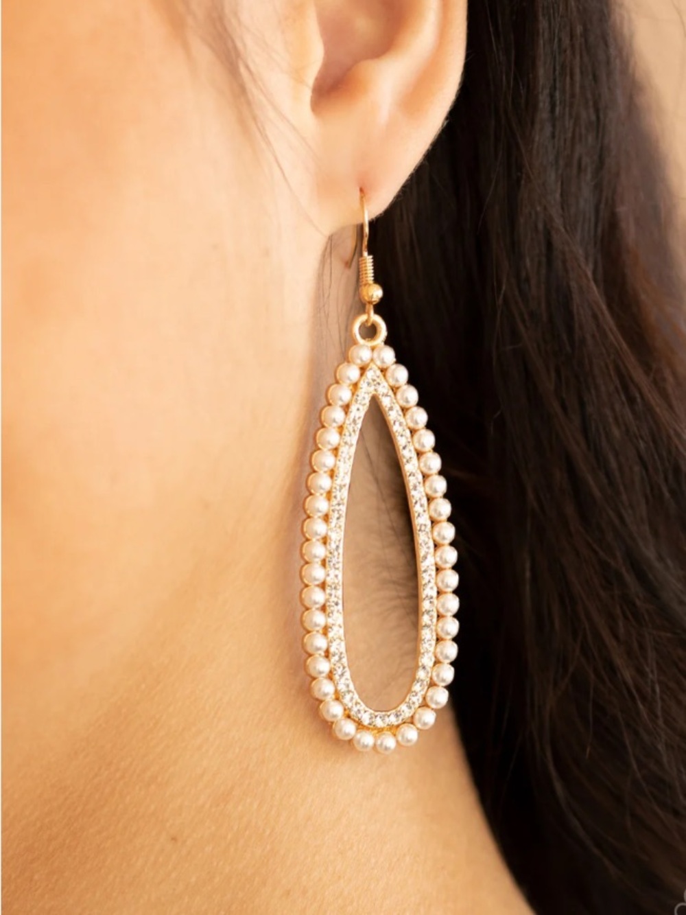 Faux Pearl & Rhinestone Gold-tone Teardrop Earrings - Picture 9 of 9